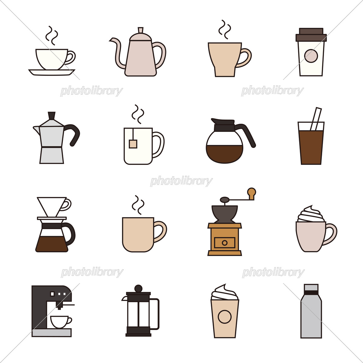 手描き線画のカフェ コーヒー カラーイラストセット素材2 珈琲 カップ おしゃれ スケッチ シンプル の Stock ベクターAdobeStock