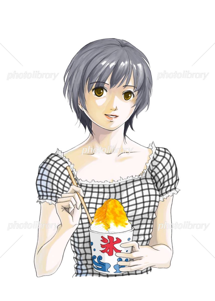 祭りの屋台で買ったかき氷を食べる浴衣姿の女の子 10179019606 の写真・イラスト素材アマナイメージズ