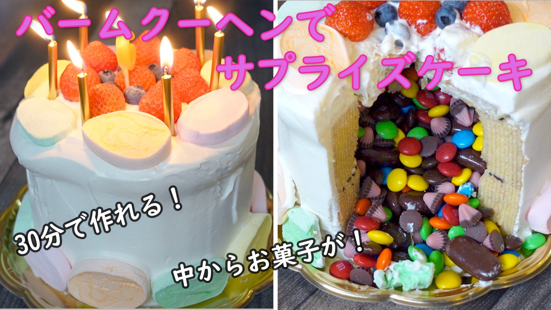 簡単！サプライズ！ 市販のスポンジとバームクーヘンで♪かくれんぼケーキ朝の1時間で ラクウマ 3食お家ごはん 〜腹ペコ3姉妹日記