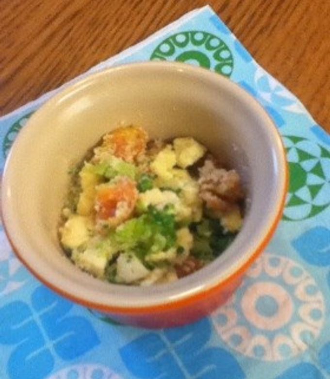 他の投稿も見る→ @babyfood__recipeピザ風おやき 中期〜豆腐 150g 片栗粉 大さじ３ カゴメトマトペースト １包たまねぎ ２５g ブロッコリー ２５g 粉チーズ 小さじ１ １ 豆腐、片栗粉、トマトペースト、粉チーズを全てよく混ぜます。 ２ 玉ねぎ、ブロッコリー