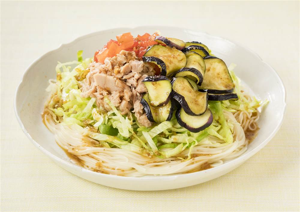 ボリューム満点！豚しゃぶと揚げナスの素麺」の献立・レシピ